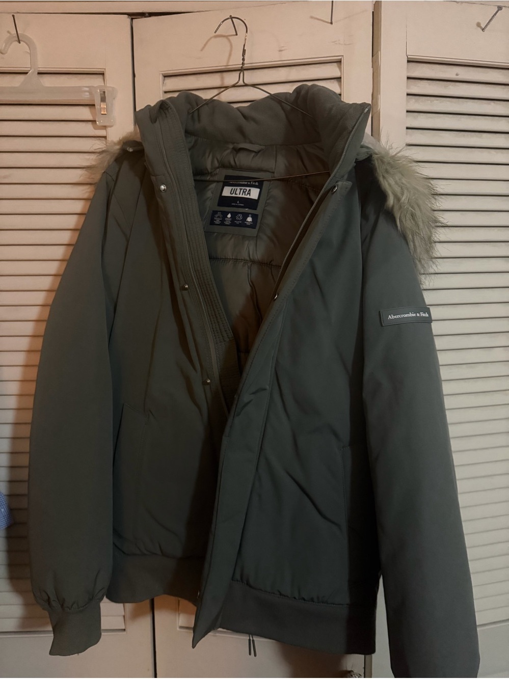 Abercrombie & Fitch Olive Green Hooded Puffer with Faux Fur Trim